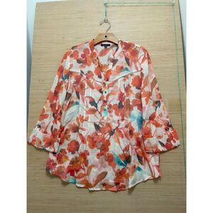 Ava & Grace Floral Split Neck‎ Blouse Orange Pink 3/4 Sleeve XL 3858